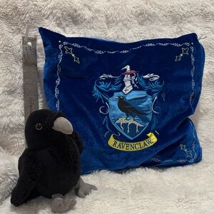Ravenclaw Blue Velvet Pillow with Embroidered Crest and Raven stuffy